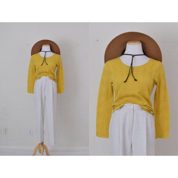 Vintage 90s Golden Yellow Polyester Scoop Neck shirt | size medium - Picture 1 of 10